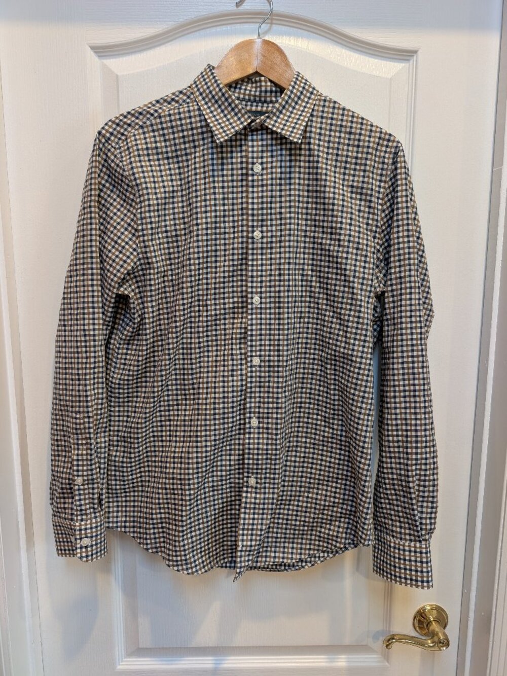 Perry Ellis Men's Medium Brown Blue Check Button Front Dress Shirt